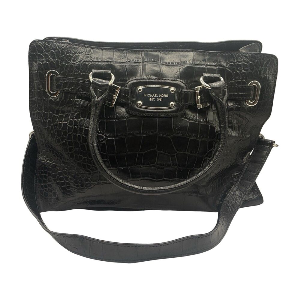 Vintage Michael Kors Black Croc Embossed Leather Satchel Shoulder Tote Bag Y2K